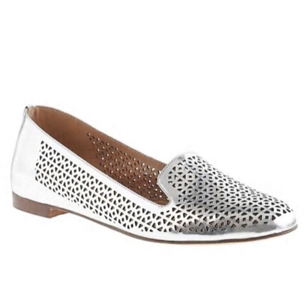 J Crew CLEO Silver Mirror Metallic Leather Perforated Loafers Size 7.5 M
